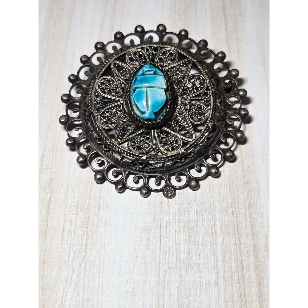 Vintage Egyptian 800 Silver Filigree Turquoise Scarab Brooch Pendant Hallmark